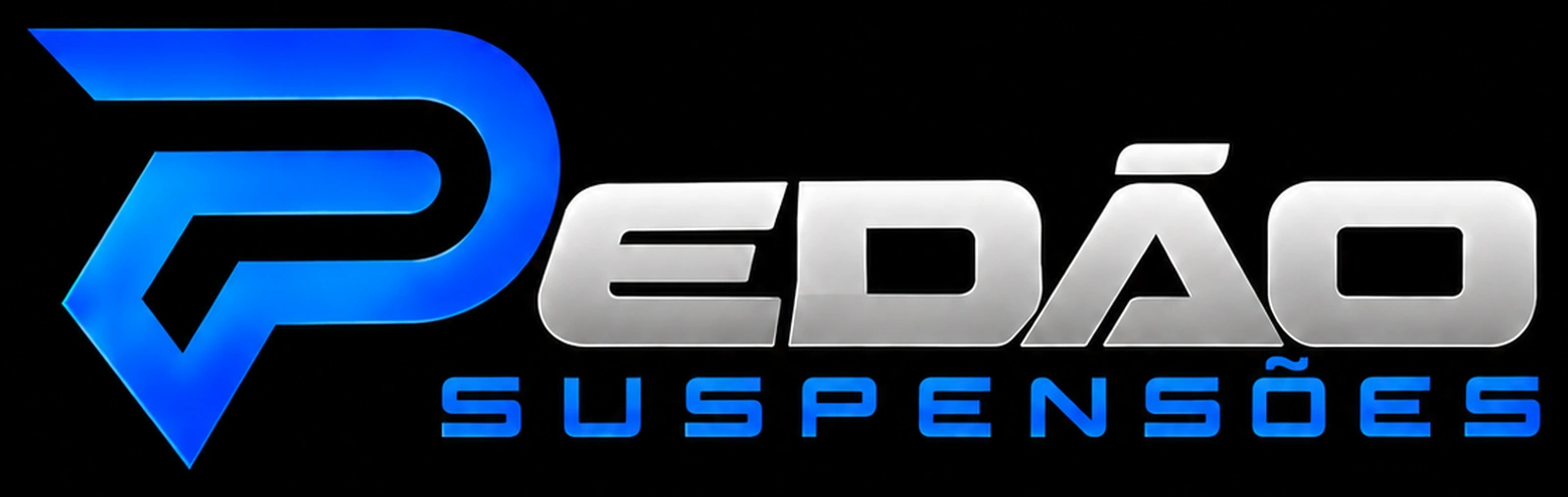 Logotipo oficial Pedão Suspensões em azul e prata, completo e sem cortes, sobre fundo preto